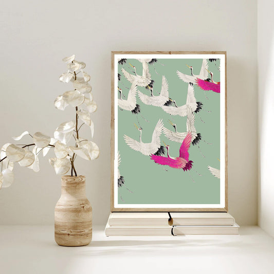 Flock of Japanese Royal Cranes, Ogata Korin, INSTANT art, vintage bird print, sage green wall decor, bird art, Japanese art