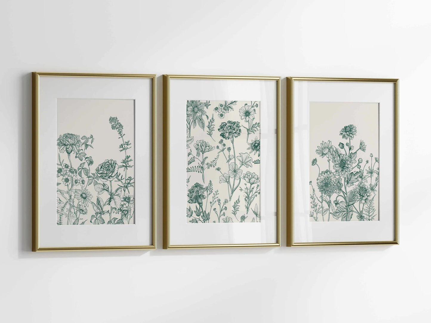 Green Botanical Wall Art Chinoiserie Wall Art, 3 Piece Wall Decor Minimalist Wall Art, Botanical Print Set, Printable Wall Art Digital Ar
