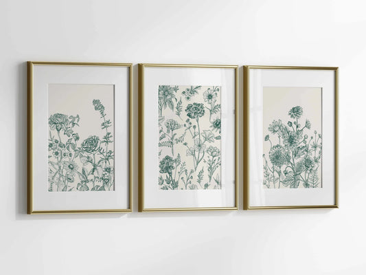 Green Botanical Wall Art Chinoiserie Wall Art, 3 Piece Wall Decor Minimalist Wall Art, Botanical Print Set, Printable Wall Art Digital Ar