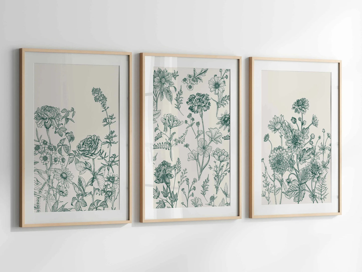 Green Botanical Wall Art Chinoiserie Wall Art, 3 Piece Wall Decor Minimalist Wall Art, Botanical Print Set, Printable Wall Art Digital Ar