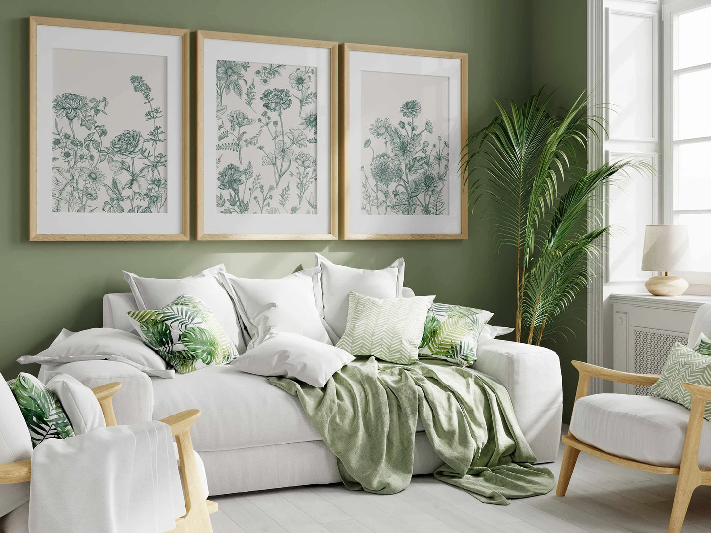 Green Botanical Wall Art Chinoiserie Wall Art, 3 Piece Wall Decor Minimalist Wall Art, Botanical Print Set, Printable Wall Art Digital Ar